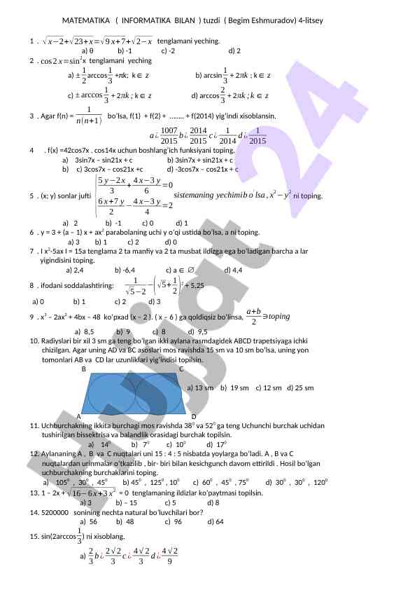 Matematika savollari va tenglamalar