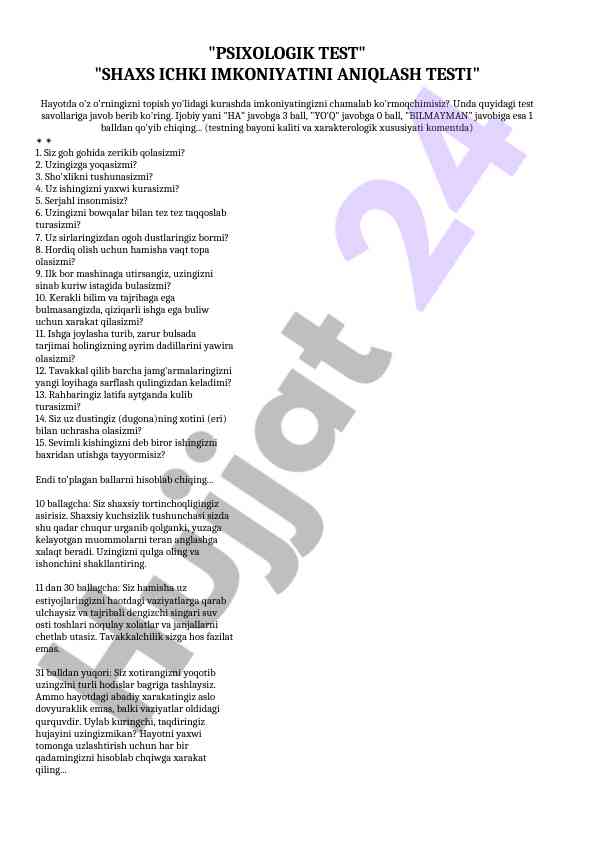 Shaxs ichki imkoniyatini aniqlash testi