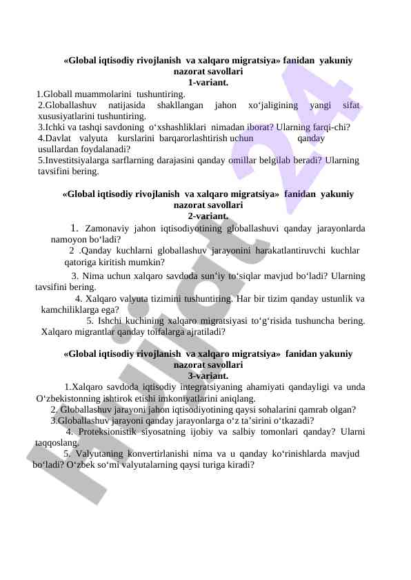 Global iqtisodiy rivojlanish nazorat savollari