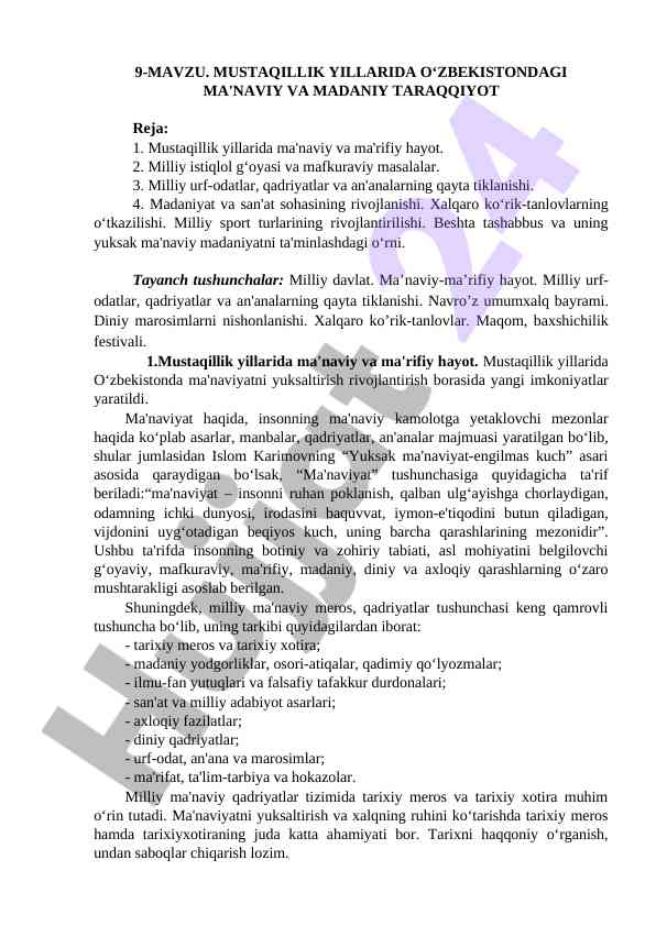 Mustaqillik yillarida o‘zbekistonning ma'naviy rivoji