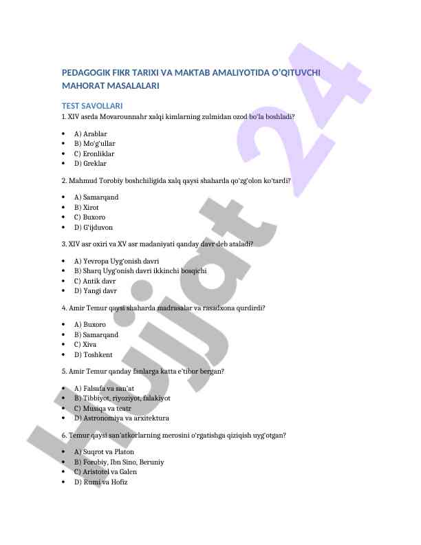 Pedagogik fikr tarixi va maktab amaliyotida test savollari