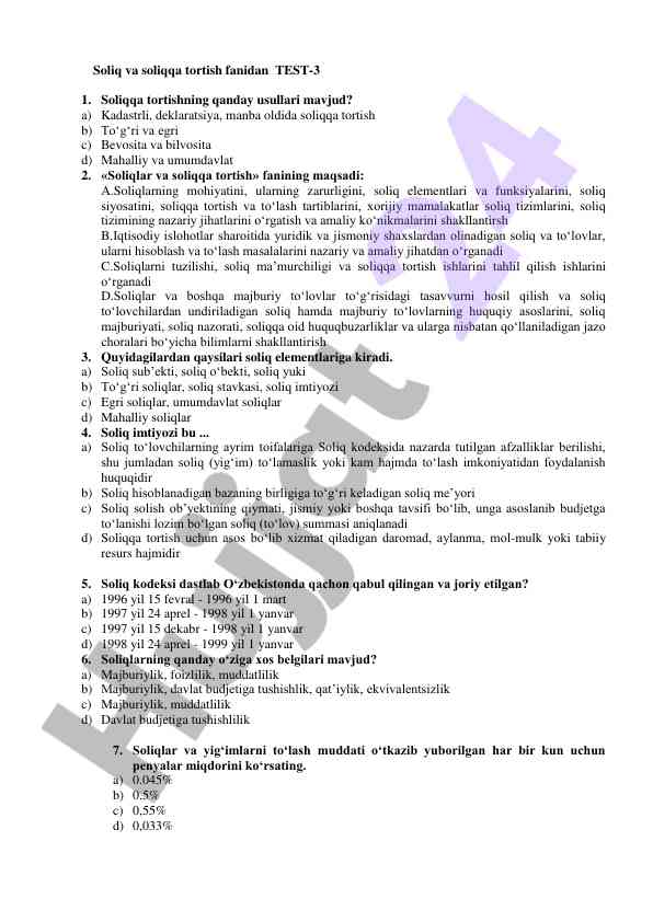 Soliqqa tortish usullari va maqsadlari test