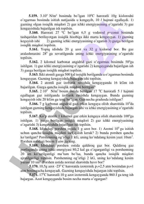 Gaz kengayishi va issiqlik o'zgarishlari masalalari