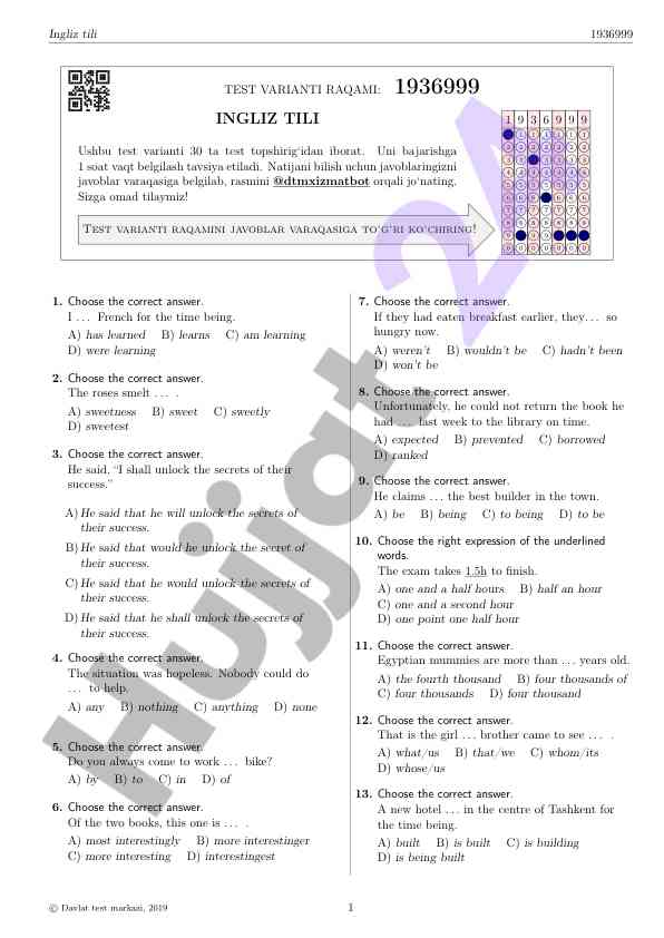 Ingliz tili test varianti 1936999