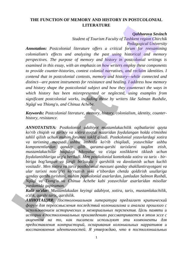 Xotira va tarixning postkolonial adabiyotdagi o‘rni