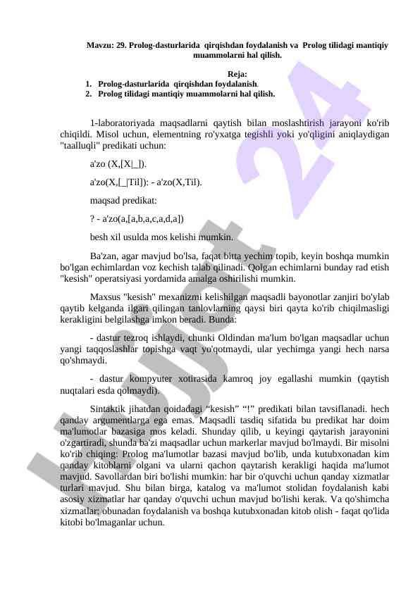 Prolog dasturlarida qirqish va mantiqiy muammolar
