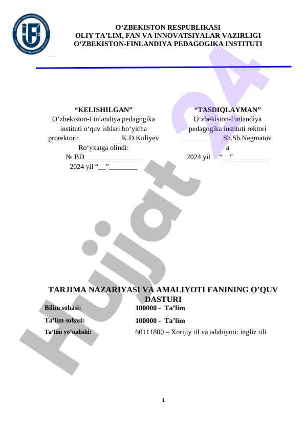 Tarjima nazariyasi va amaliyoti fani dars ishlanmasi