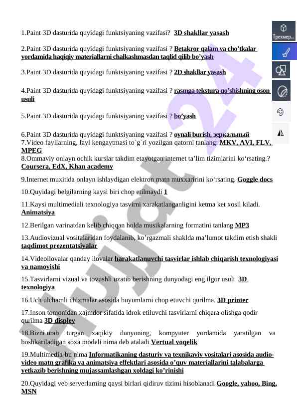 Paint 3d dasturi va multimedia texnologiyalari