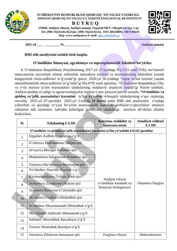 O‘zbekiston qishloq xo‘jaligi amaliyoti tashkil etish