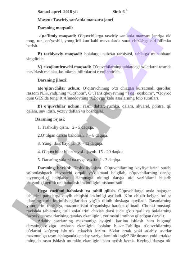 Tasviriy san’atda manzara janri o'quv dars rejasi