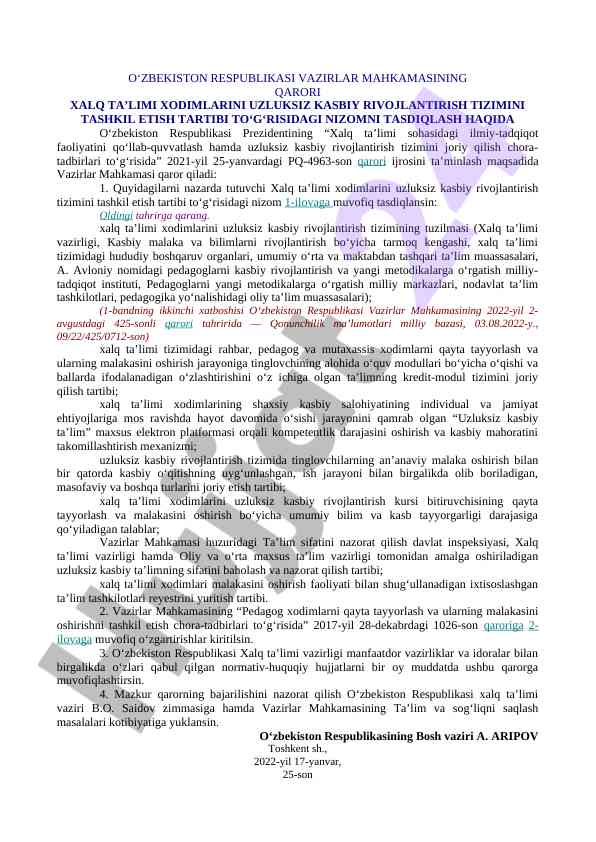 Uzluksiz kasbiy rivojlanish tizimi nizomi