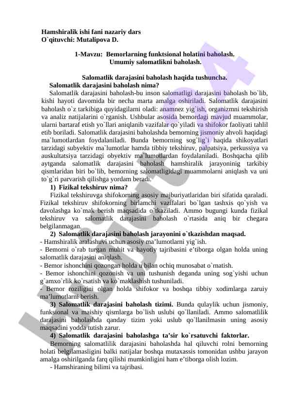 Bemorlarning funktsional holatini baholash