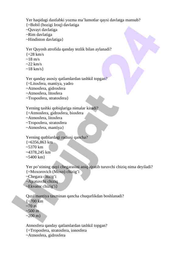Yer haqidagi savollarni javoblash