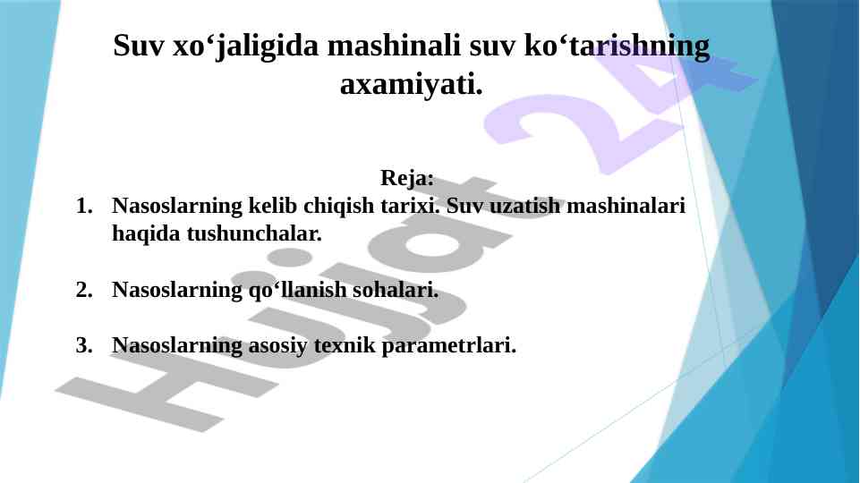Suv xo‘jaligida mashinali suv ko‘tarishning ahmiyati