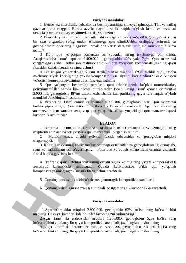 O'tkir qon yo'qotish va tashxis jarayonlari