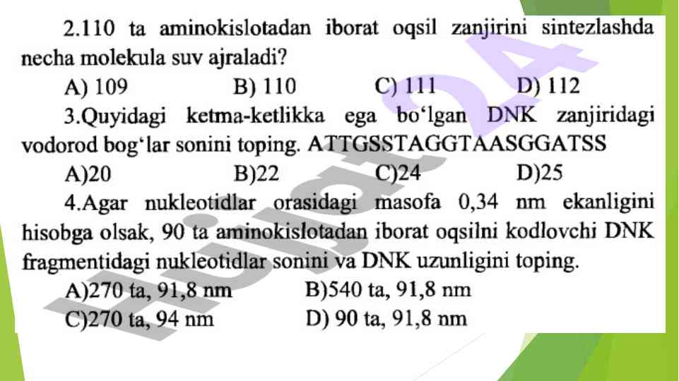 Plastik va energetik almashinuv bo‘yicha masalalar