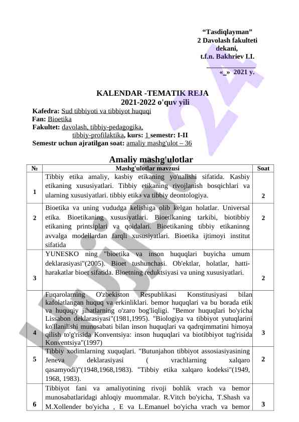 Bioetika kafedrasi uchun tematik reja