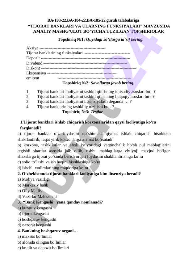 Tijorat banklari va ularning funktsiyalari amaliy mashg’ulot