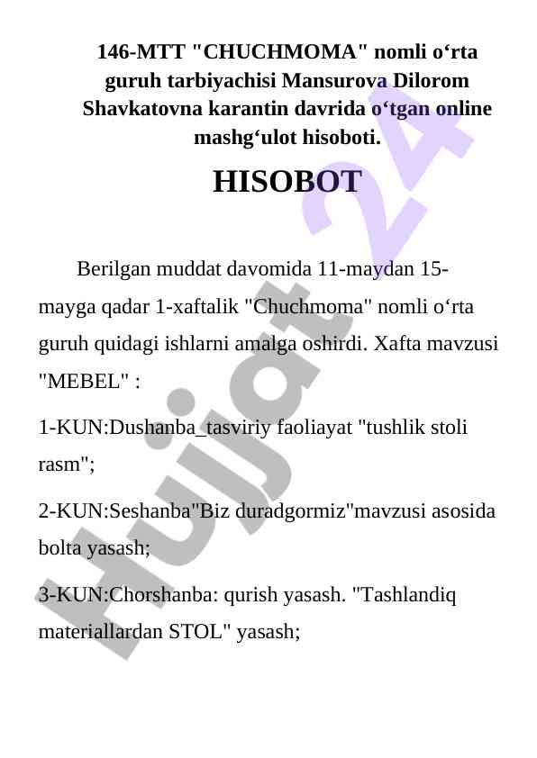 Online mashg‘ulotlar hisoboti mebel mavzusida