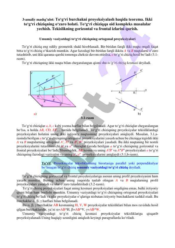 Geometrik shakllar proyeksiyasi bo'yicha amaliy mashg'ulot