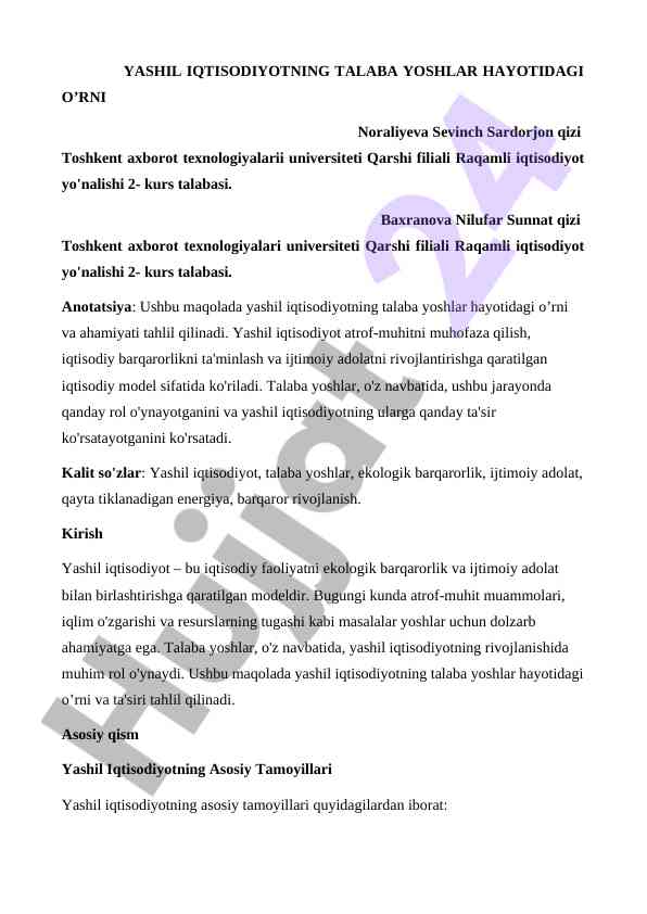 Yashil iqtisodiyotning talaba yoshlar hayotidagi o’rni