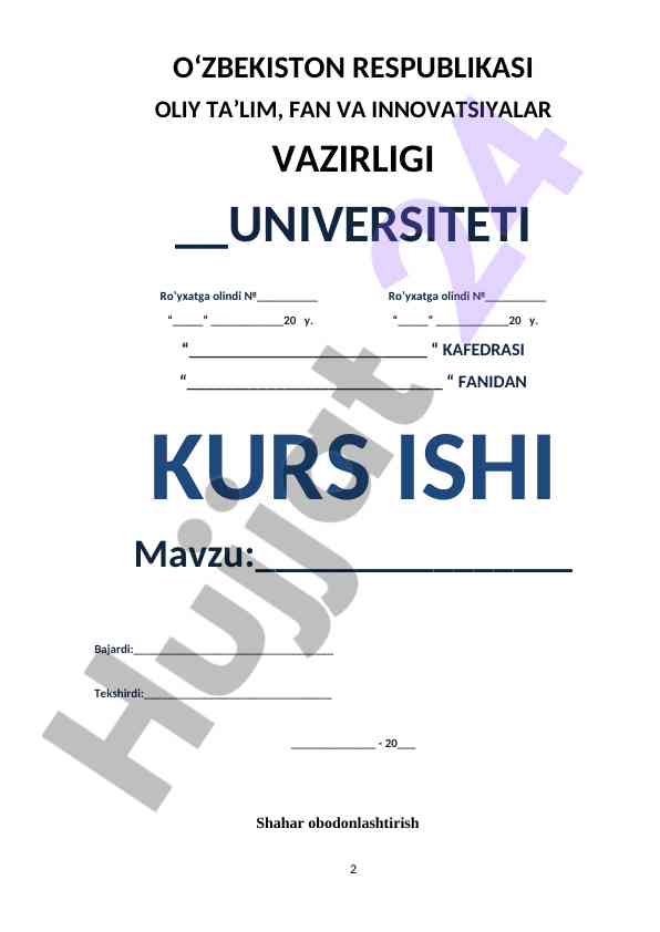 Shahar Obodonlashtirish Mavzusi Bo‘yicha Kurs Ish