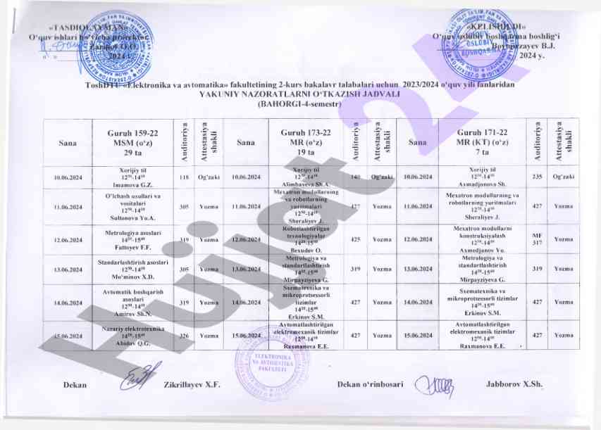 Bahorgi 4-semestr nazorat jadvali