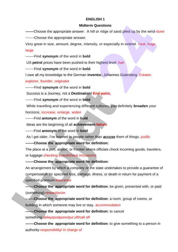 Midterm questions on english vocabulary and synonyms