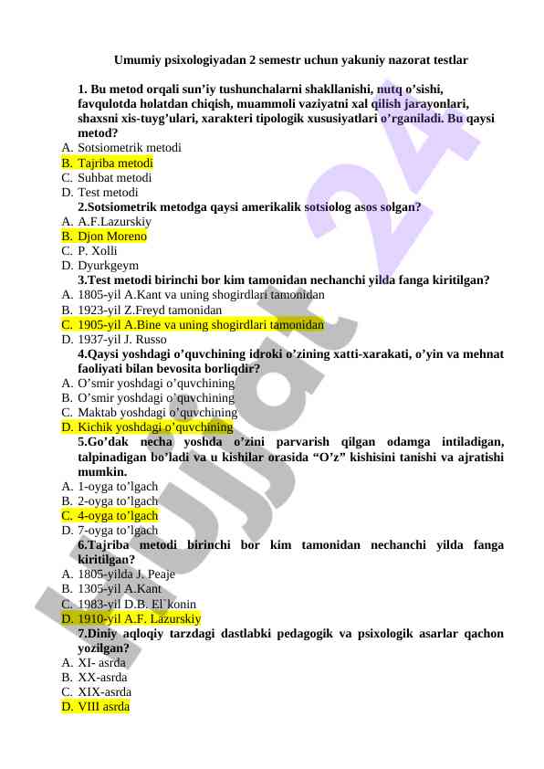 Psixologiya semestr yakuniy nazorat testlari