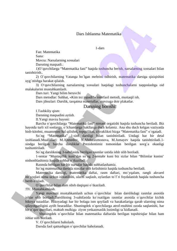 Matematika darsida narsalarning xossalari
