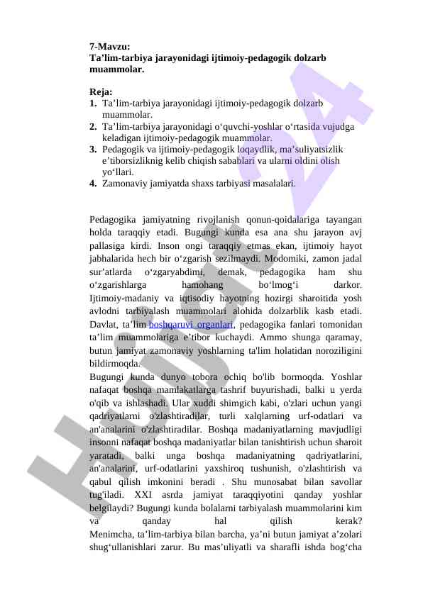 Ijimoiy-pedagogik muammolar va ta’lim tarbiyasi