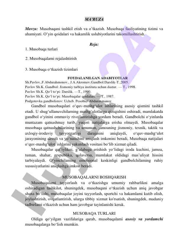 Musobaqani tashkil etish va o’tkazish mavzusi