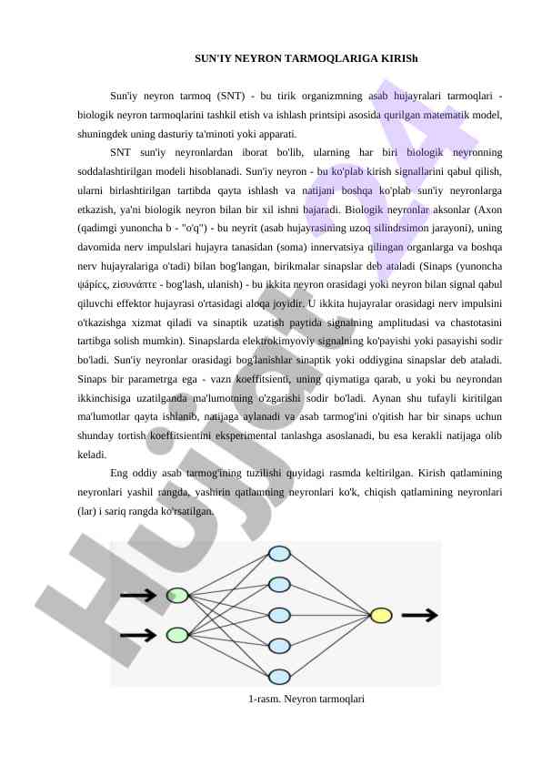 Sun'iy neyron tarmoqlari va ularning asosiy ayrimlari