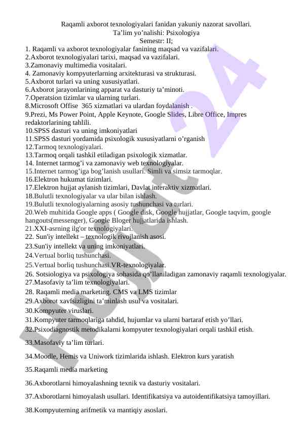 Raqamli axborot texnologiyalari fanidan nazorat savollari