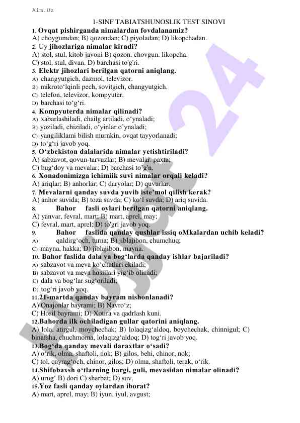 Tabiatshunoslik test sinovi 1-sinf