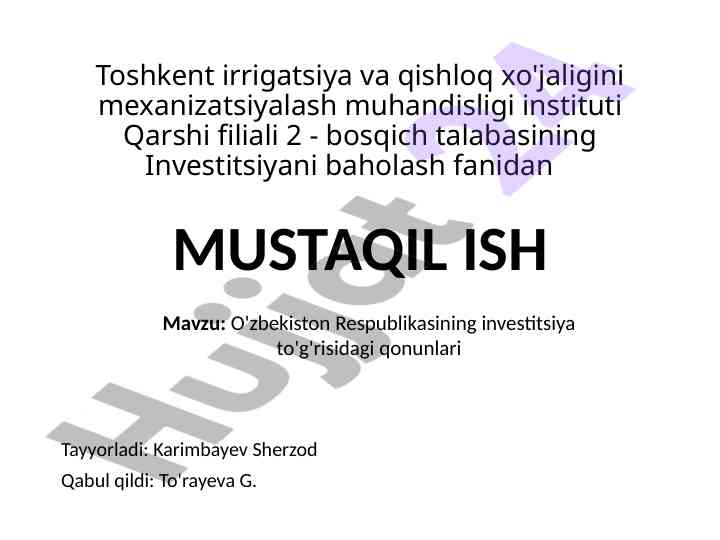 Investitsiyani baholash bo'yicha mustaqil ish