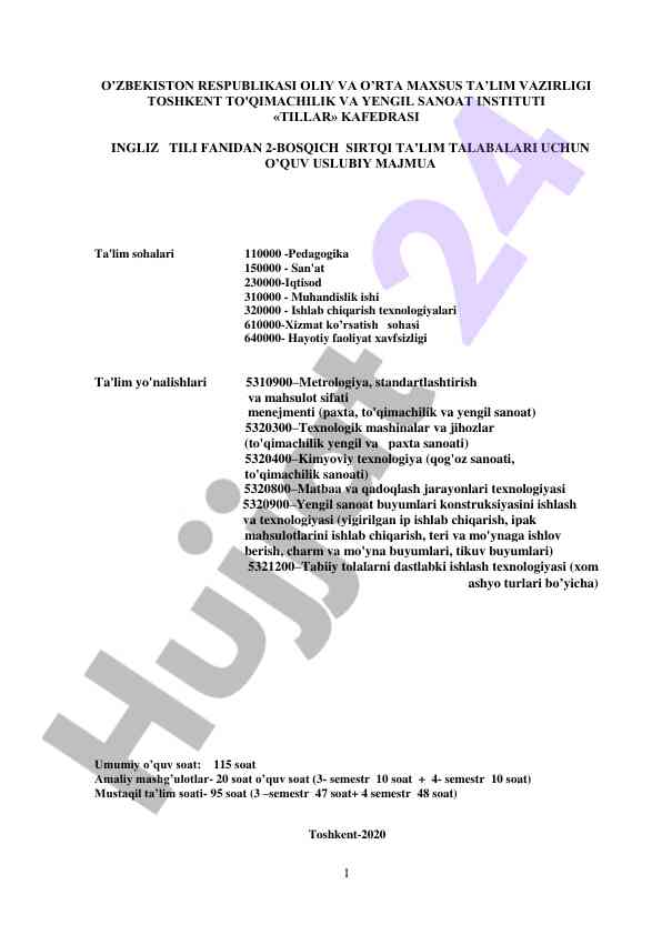 Ingliz tili fanidan o'quv usuliy majmua