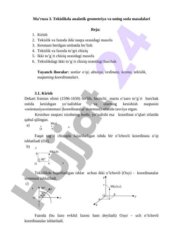 Tekislikda analatik geometriya va uning masalalari