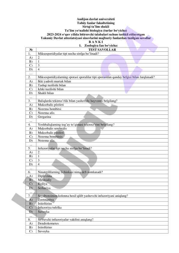 Biologiya test savollari 2023-2024 o‘quv yili