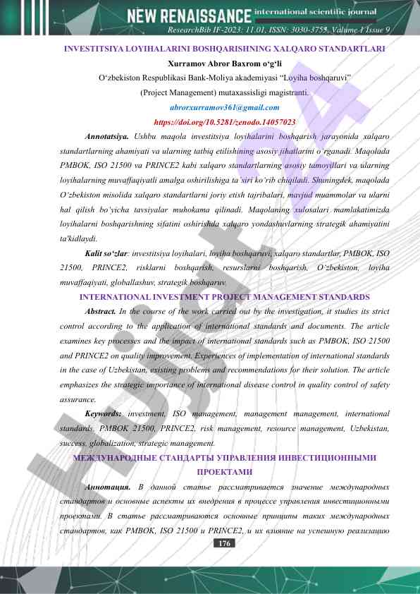 Investitsiya loyihalarini boshqarishda xalqaro standartlar