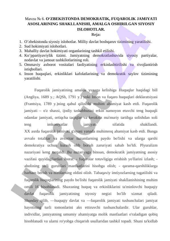 O‘zbekiston demokratik fuqarolik jamiyati asoslari