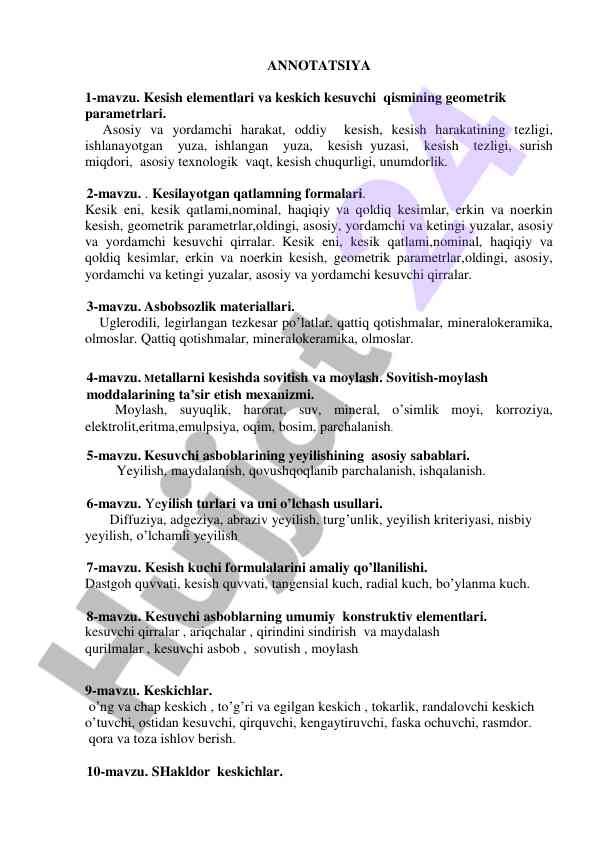 Kesish elementlari va kesuvchi qismlar geometrik parametrlari