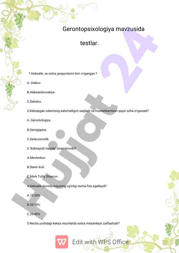 Gerontopsixologiya mavzusida testlar