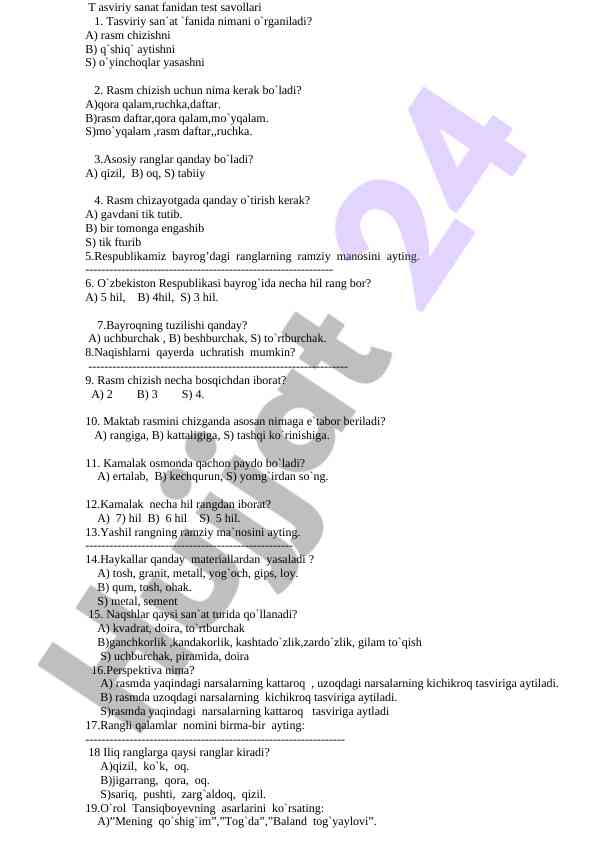 Tasviriy sanat fanidan test savollari