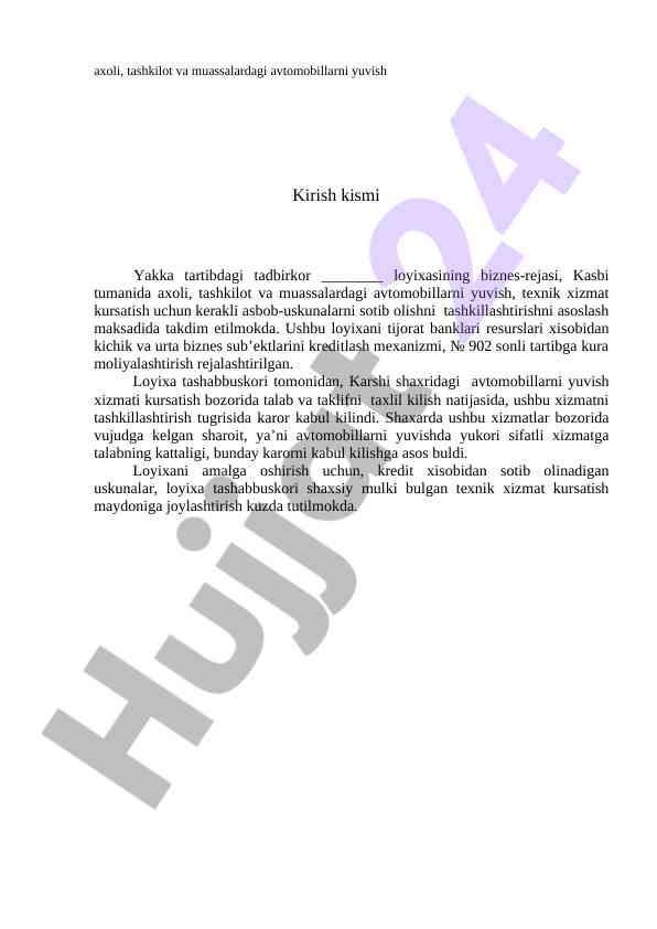 Avtomobillarni yuvish loyihasi biznes-rejasi