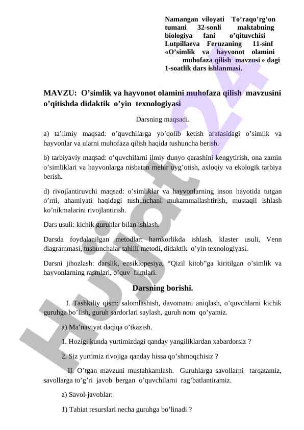 O'simlik va hayvonot olamini muhofaza qilish mavzusi