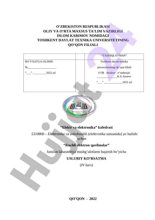Kuchli elektron qurilmalar fanidan laboratoriya mashg‘ulotlari