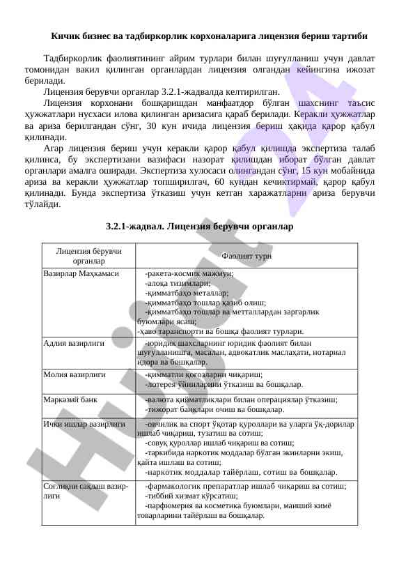 Kichik biznesga licenziya berish tartibi