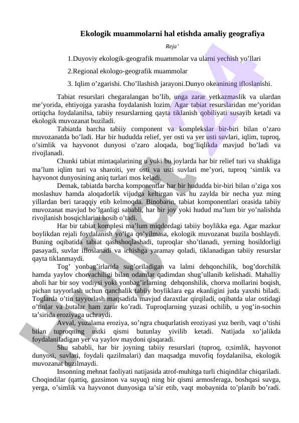 Ekologik muammolarni hal etishda amaliy geografiya