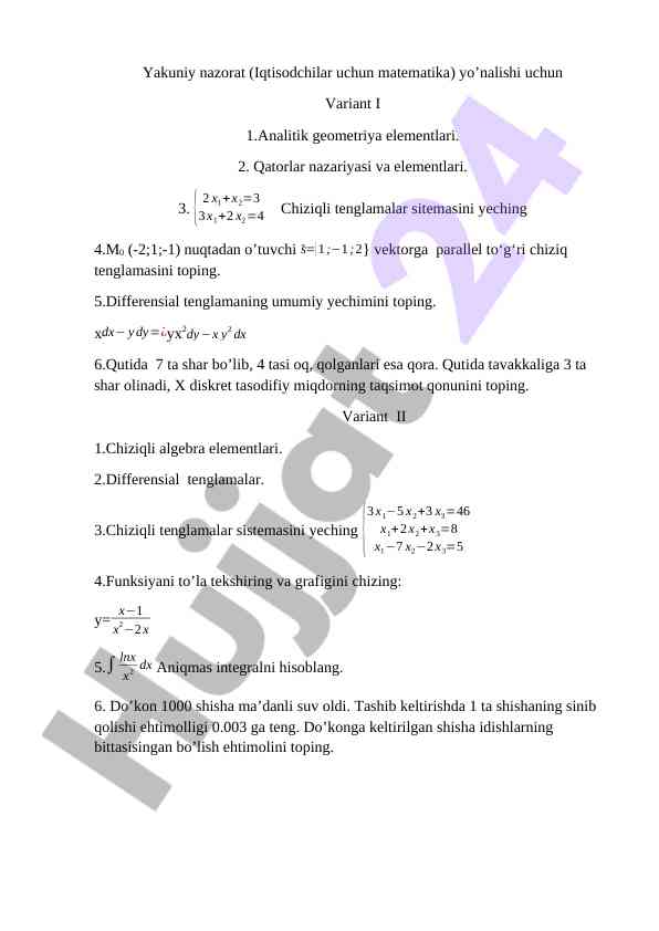 Iqtisodchilar uchun matematika yakuniy nazorat
